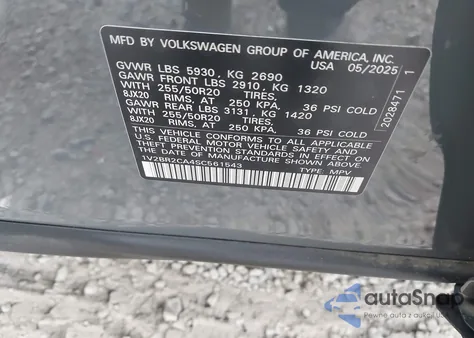 2025 Volkswagen Atlas 2.0T Sel из США, поврежденный, VIN 1V2BR2CA4SC561543